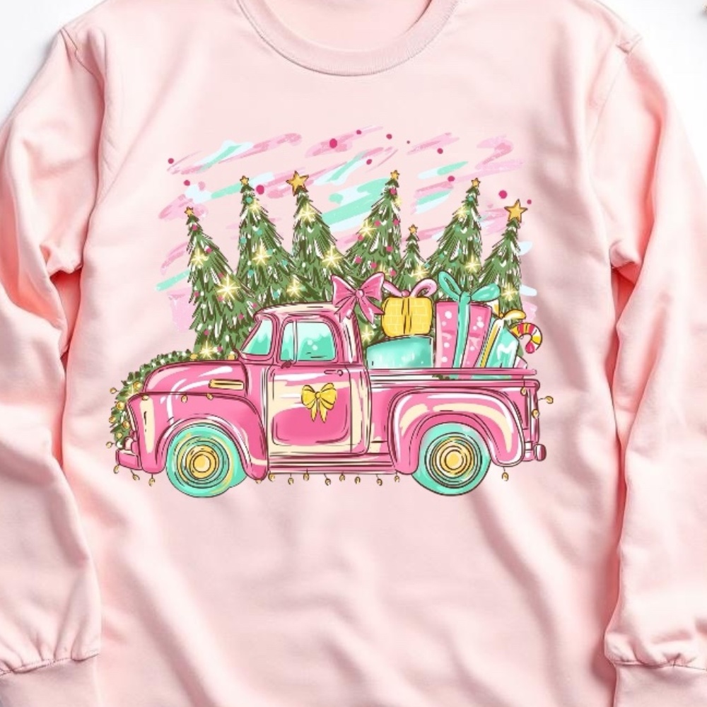 "Pastel Paradise" Pink Christmas Truck T-shirt Custom Made S M L XL XXL Pink